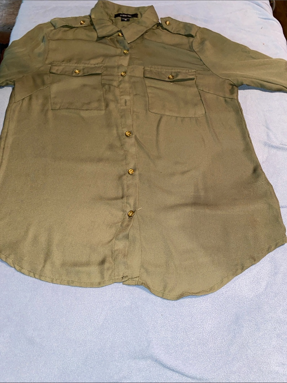 paper tee Olive Green Button-Front Military Shirt with Gold Buttons